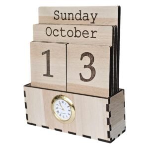 Engineer Wood Desk Perpetual Calendar with Clock